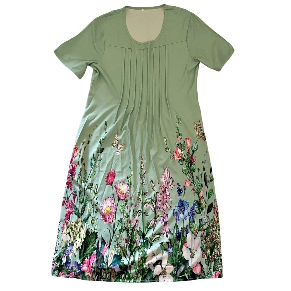 Floral Print Pleated Midi Dress Womens Size M Light Green Short Sleeve